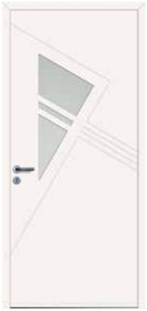 Visuel porte blanche avec rainurage et vitrage en triangle