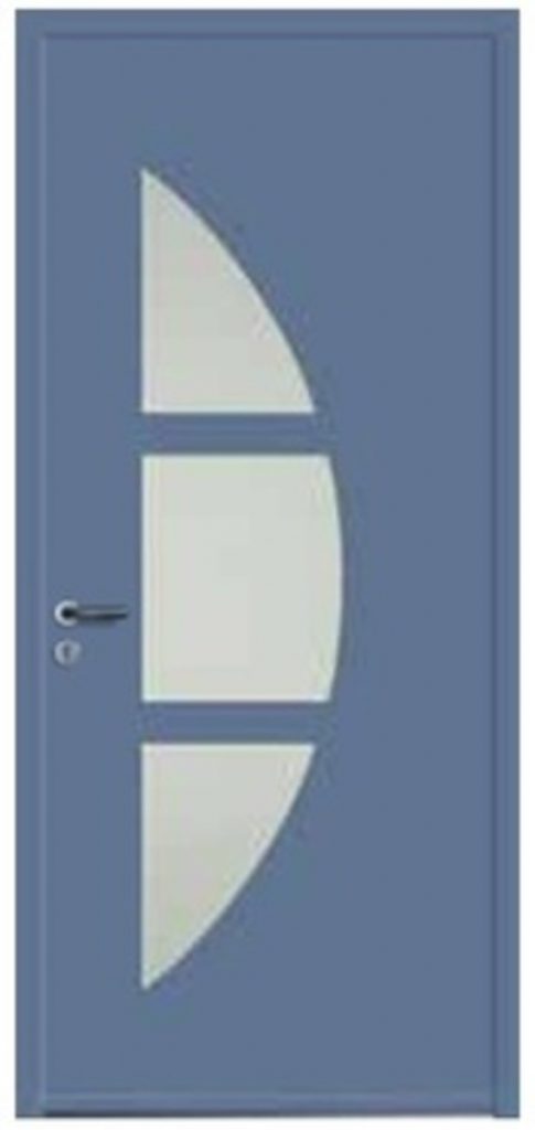 Visuel d'une porte bleu avec un vitrage en 3 parties arrondies coté poignée