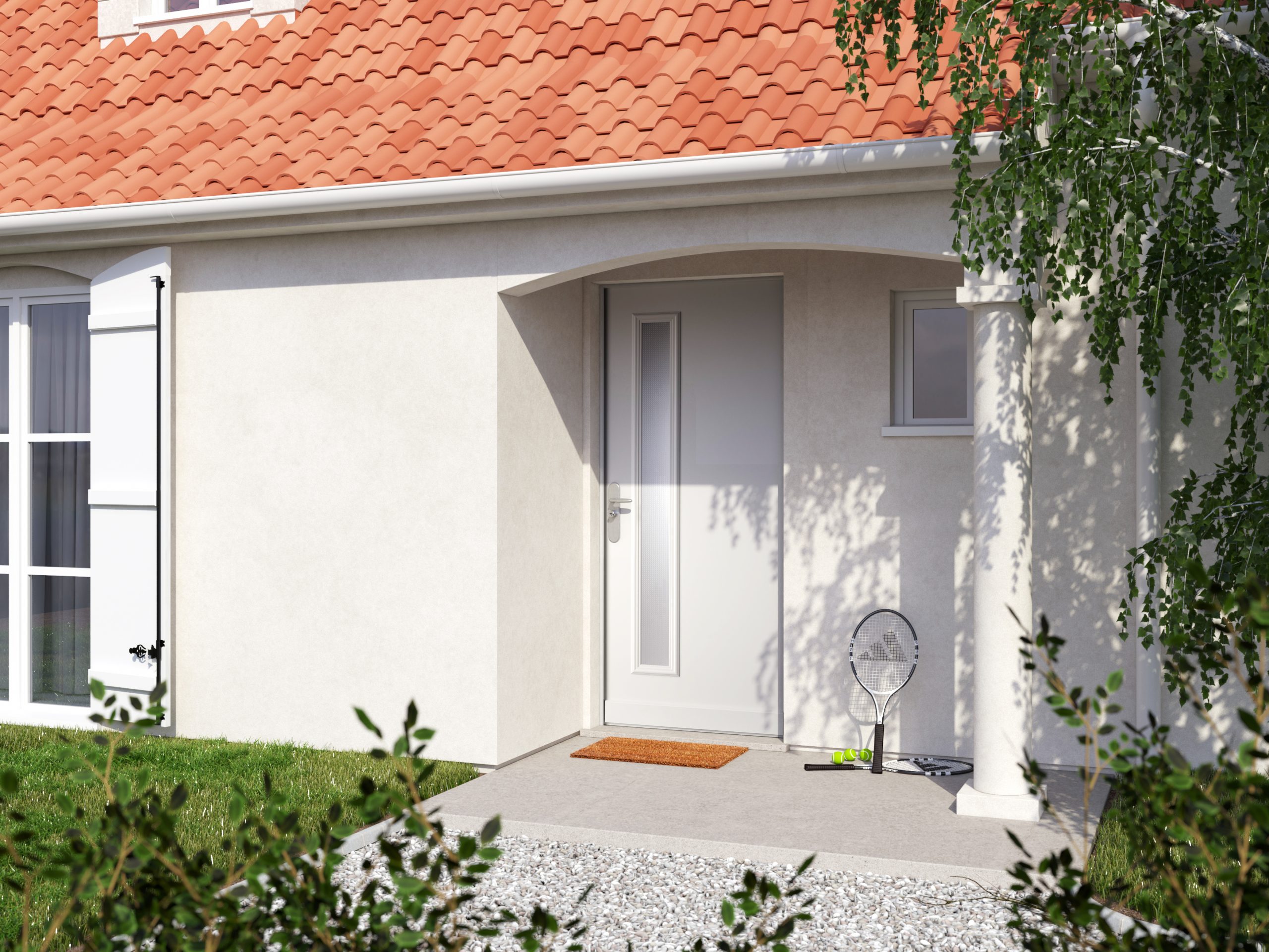 porte en aluminium blanche avec un vitrage rectangulaire verticale du coté de la poignée.