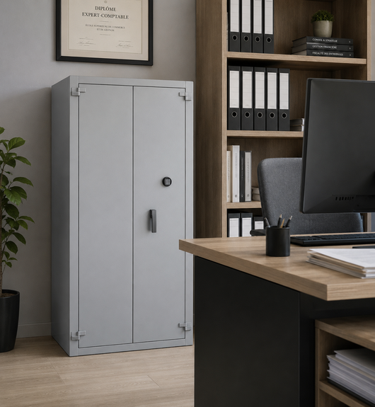 armoire forte dans un bureau. Parfait pour protéger vos documents, objets et valeurs de l'indiscrétion. Conforme aux exigence du "secret défense" classe B selon l'IGI 1300.Serrure mécanique ou électronique certifié selon la norme EN 1300, Label A2P.