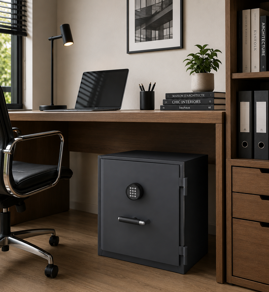 coffre-fort Hélios noir à code numérique, scellé au sol, dans le bureau dans votre habitation ou dans votre local professionnel. Parfait pour proteger ses biens du vol, du feu.