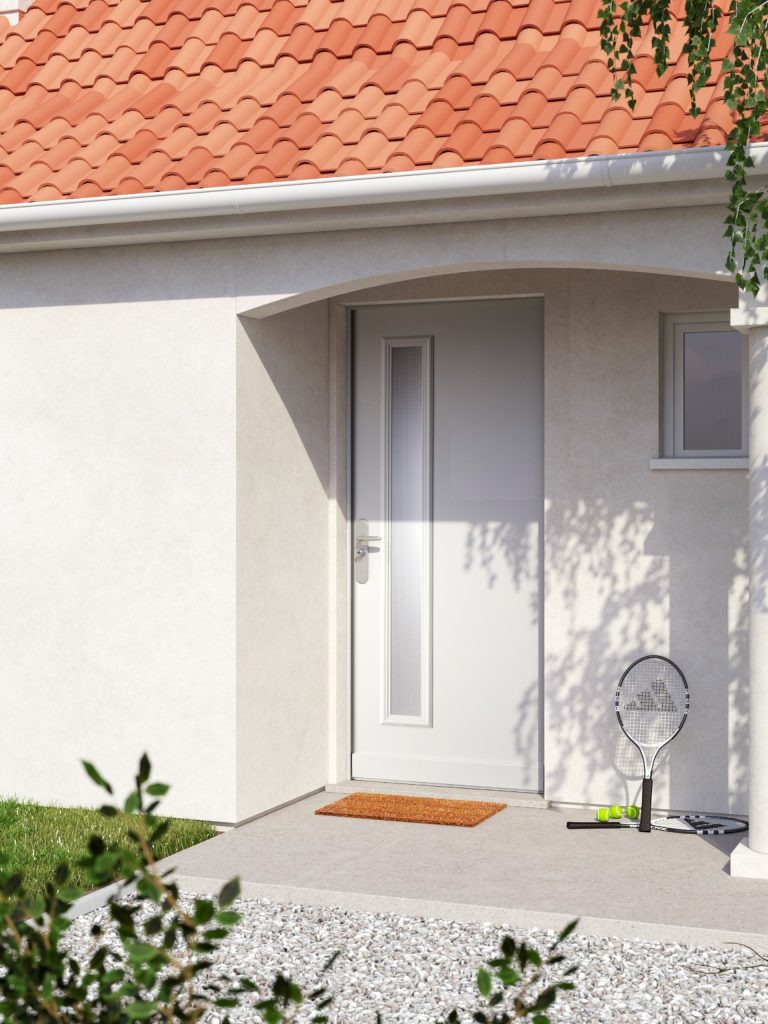 Porte de maison aluminium blanche avec vitre rectangulaire coté poignée