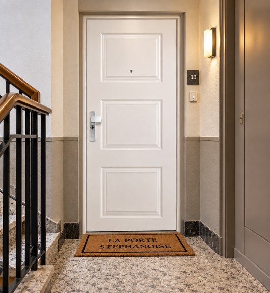 Porte d'entrée blanche classique avec panneaux moulurés sur le palier d'un immeuble