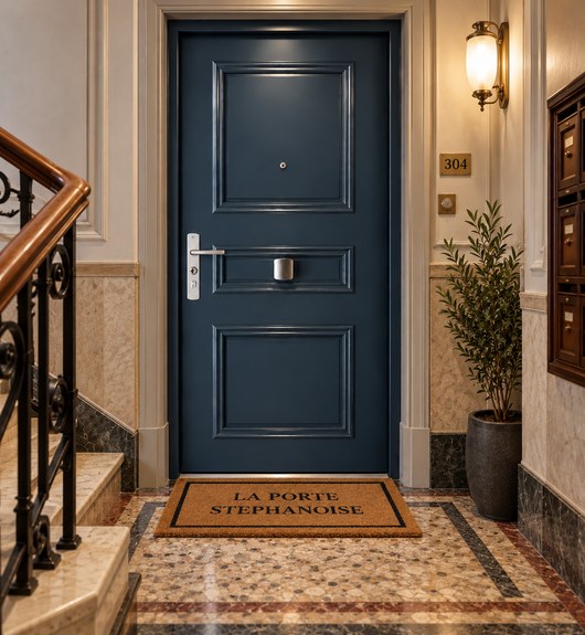 Porte d'entrée bleu nuit élégante avec encadrement mouluré dans un hall d'immeuble chic