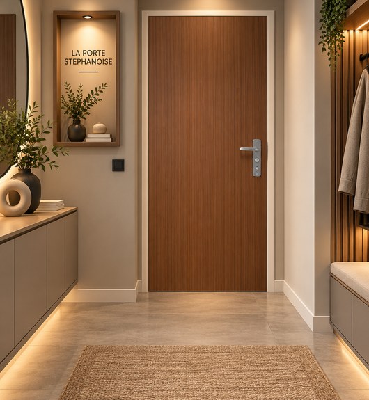 Porte d'entrée moderne en bois clair lisse dans un couloir d'appartement design avec éclairage LED