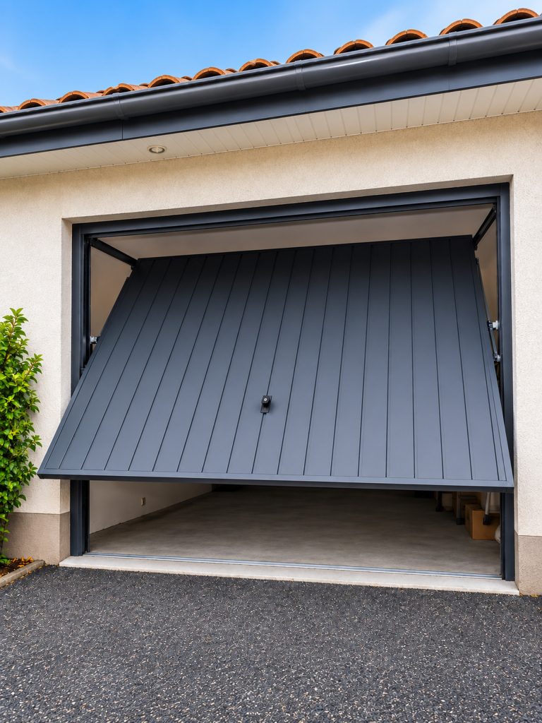 Porte de garage basculante grise entre ouverte