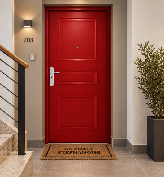 Porte palière rouge avec moulures classiques dans une cage d'escalier moderne