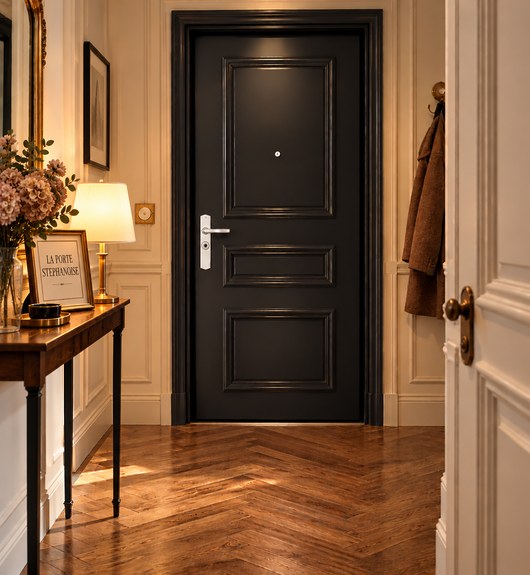 Porte palière noire élégante avec moulures classiques dans un vestibule au style haussmannien