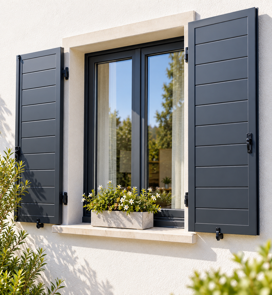 Fenêtre équipée de volets battants en aluminium gris anthracite